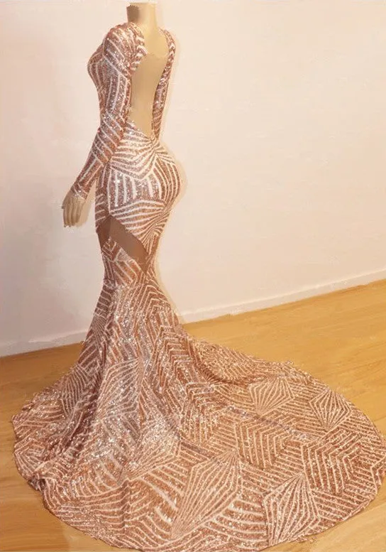 Gorgeous Long Sleeve V-Neck Prom Dresses | Mermaid Sequins Evening Gowns BC0841