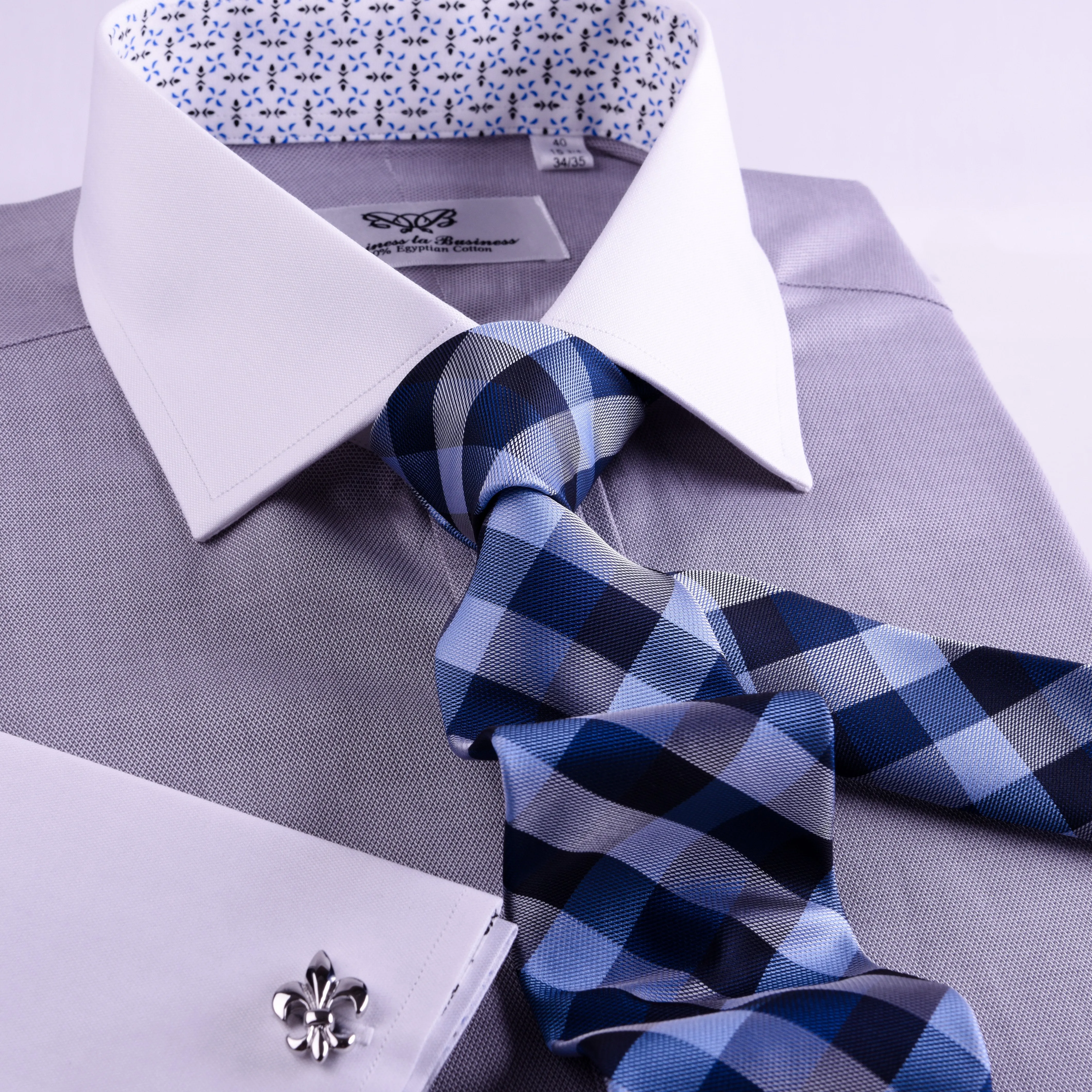 Gray Floral Dress Shirt Formal White Contrast Collar And Cuffs, French Cuff Business Style