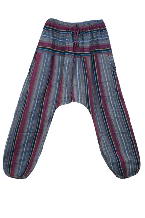 Harem Hippie Pant, Purple Cotton Baggy Handmade Stripe Print Pants, S/M/L