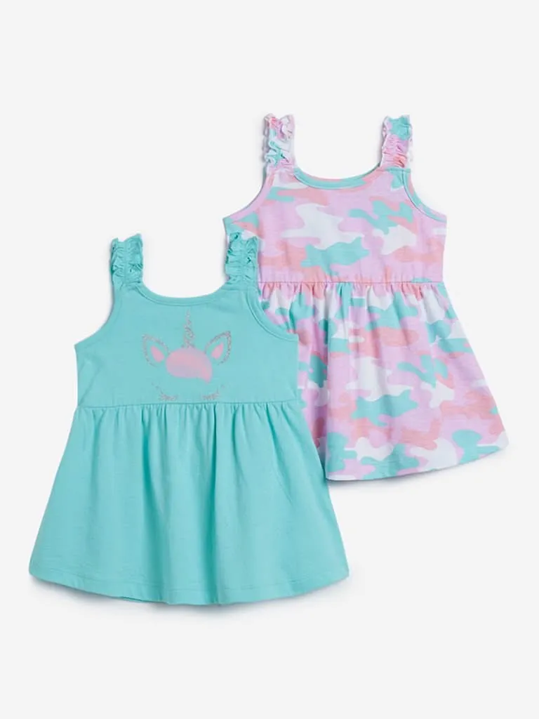 HOP Baby Aqua & Pink Camouflage Dresses Set of Two