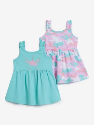 HOP Baby Aqua & Pink Camouflage Dresses Set of Two