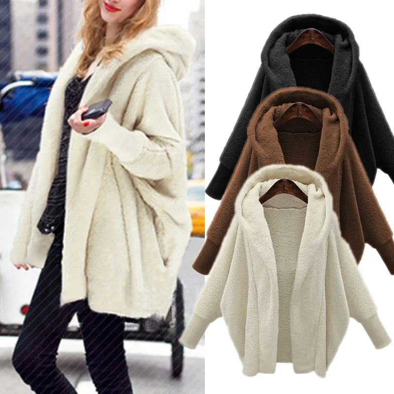 Lantern Sleeve Hooded Plus Size Faux Fur Coats