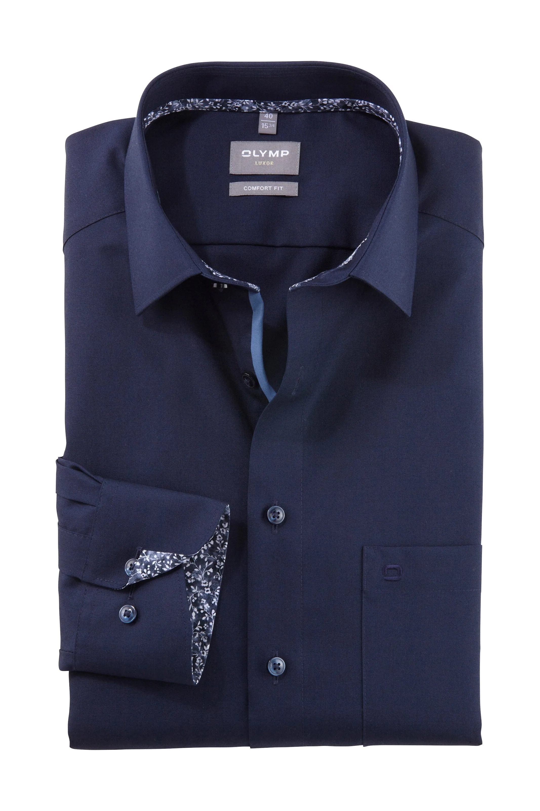 Luxor Comfort Fit Plain Long Sleeve Shirt with Trim - Navy