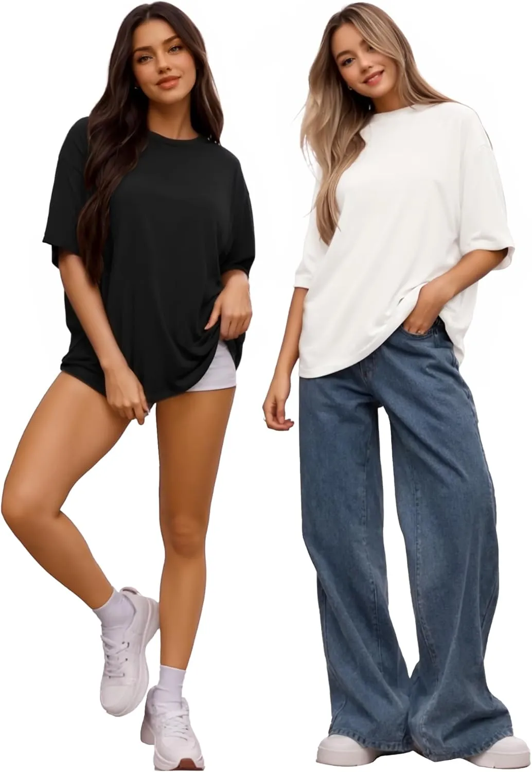 MANGOPOP Women's Oversized T Shirts Short Sleeve Crewneck Loose Fit Tops Summer Basic Tee