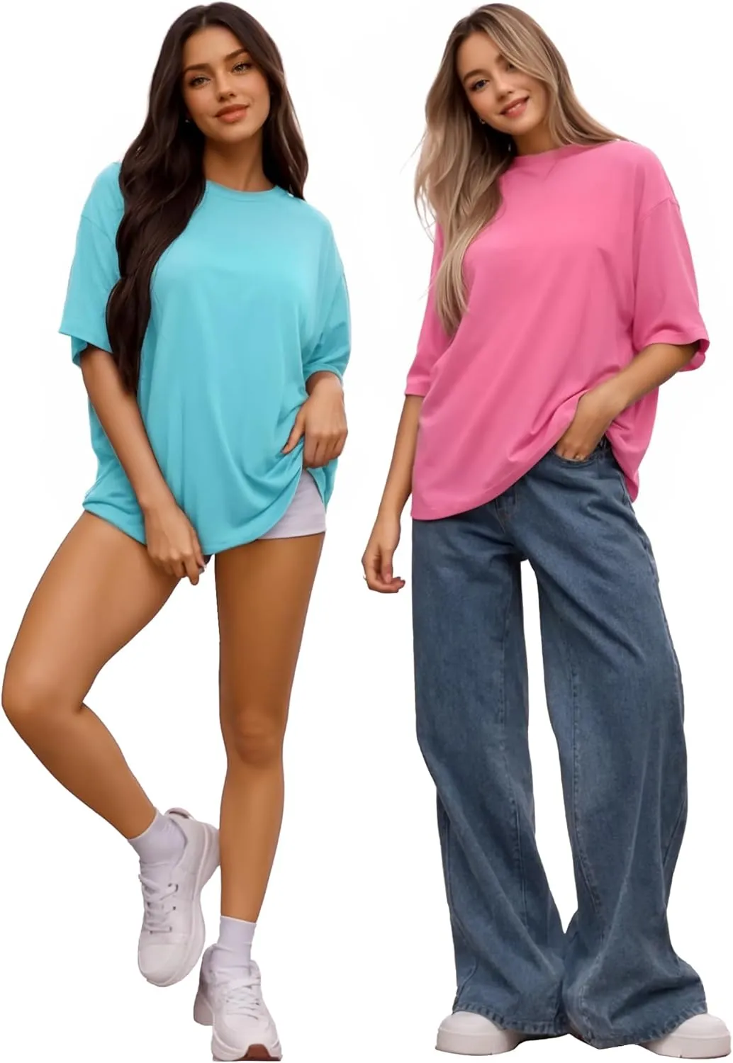 MANGOPOP Women's Oversized T Shirts Short Sleeve Crewneck Loose Fit Tops Summer Basic Tee