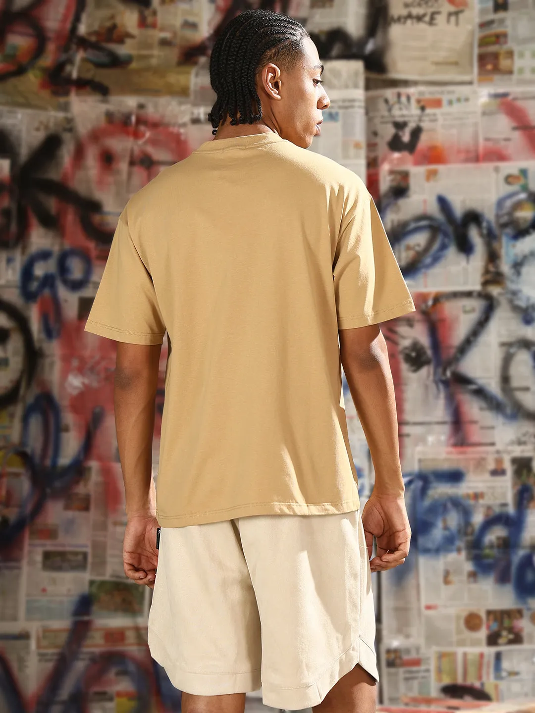 Men Casual Beige Graphic T-Shirt