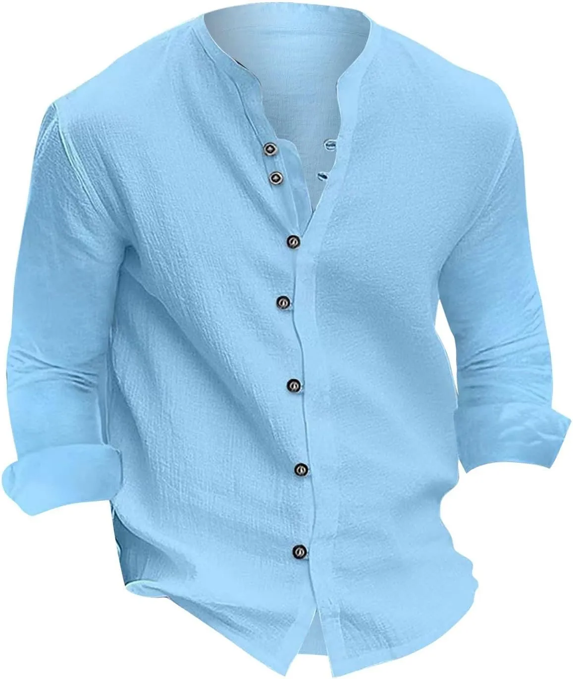 Mens Cotton Linen Shirts Vintage Lightweight Button Down Blouses Casual Loose Long Sleeve V-Neck Tops