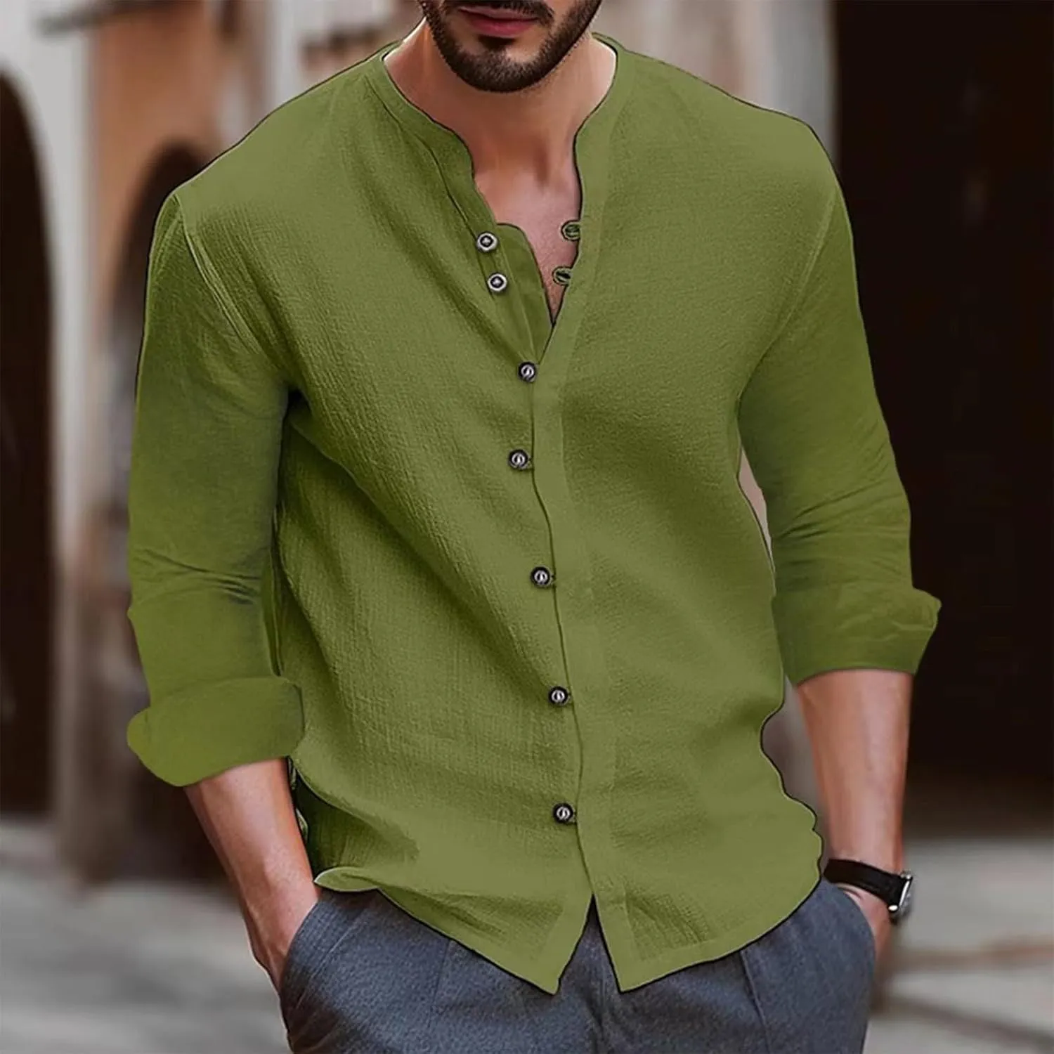 Mens Cotton Linen Shirts Vintage Lightweight Button Down Blouses Casual Loose Long Sleeve V-Neck Tops