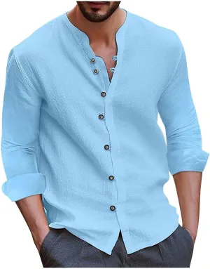 Mens Cotton Linen Shirts Vintage Lightweight Button Down Blouses Casual Loose Long Sleeve V-Neck Tops