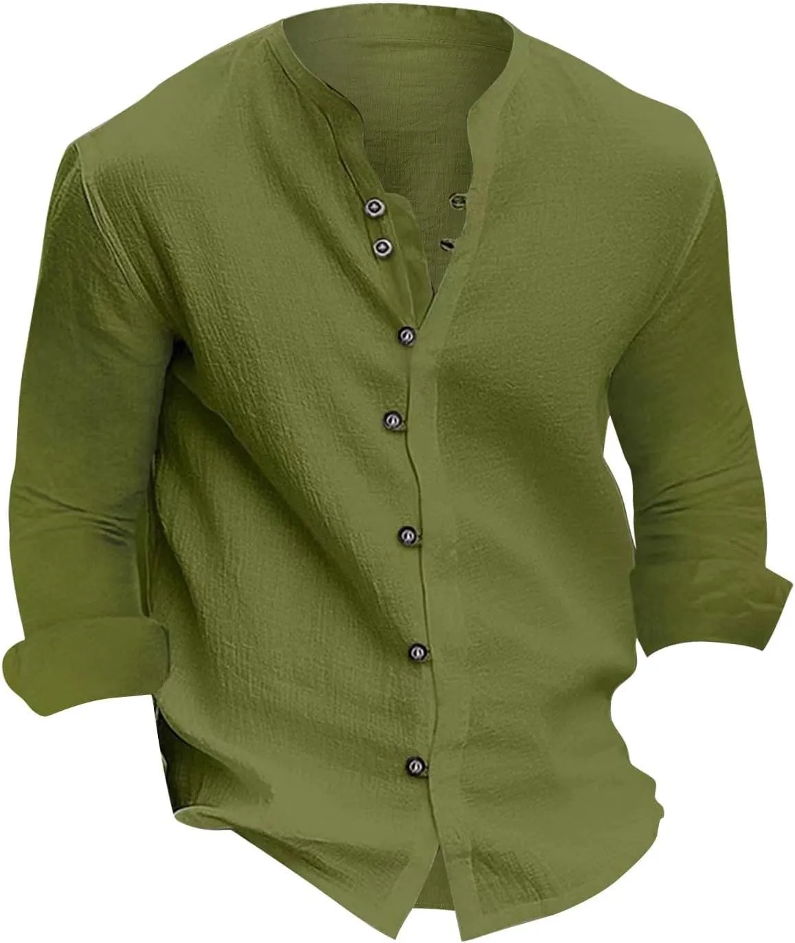 Mens Cotton Linen Shirts Vintage Lightweight Button Down Blouses Casual Loose Long Sleeve V-Neck Tops