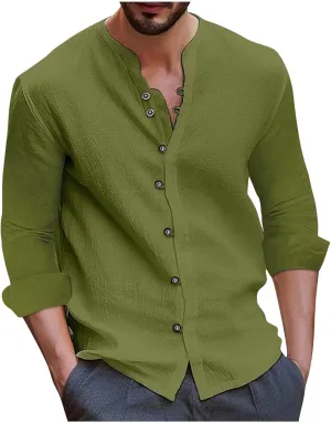 Mens Cotton Linen Shirts Vintage Lightweight Button Down Blouses Casual Loose Long Sleeve V-Neck Tops