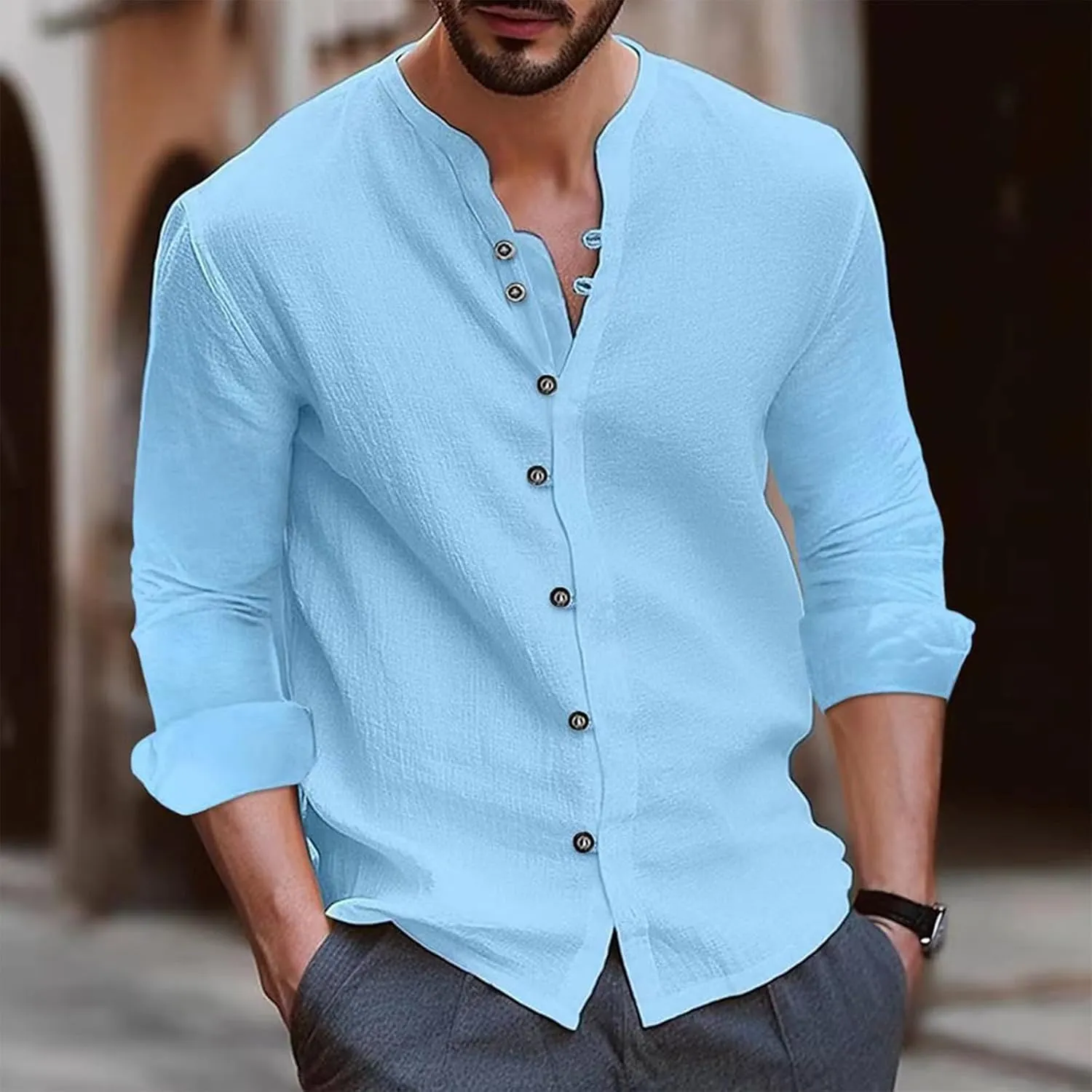 Mens Cotton Linen Shirts Vintage Lightweight Button Down Blouses Casual Loose Long Sleeve V-Neck Tops