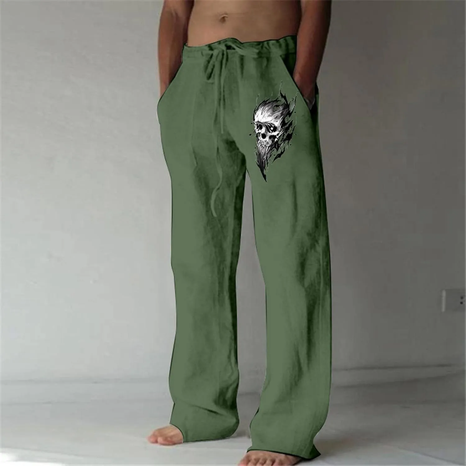 Men's Linen Pants Loose Fit Skull Printed Lightweight Pants Casual Elastic Waist Summer Pant with Pockets