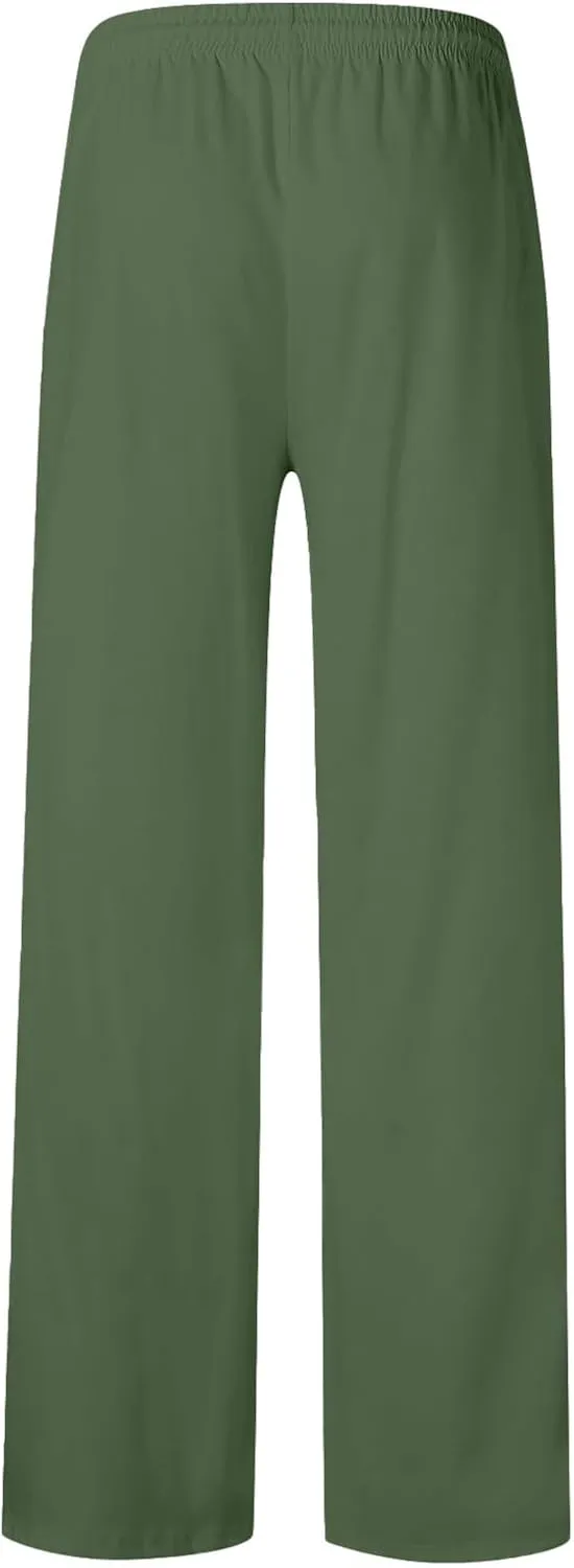 Men's Linen Pants Loose Fit Skull Printed Lightweight Pants Casual Elastic Waist Summer Pant with Pockets