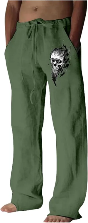 Men's Linen Pants Loose Fit Skull Printed Lightweight Pants Casual Elastic Waist Summer Pant with Pockets