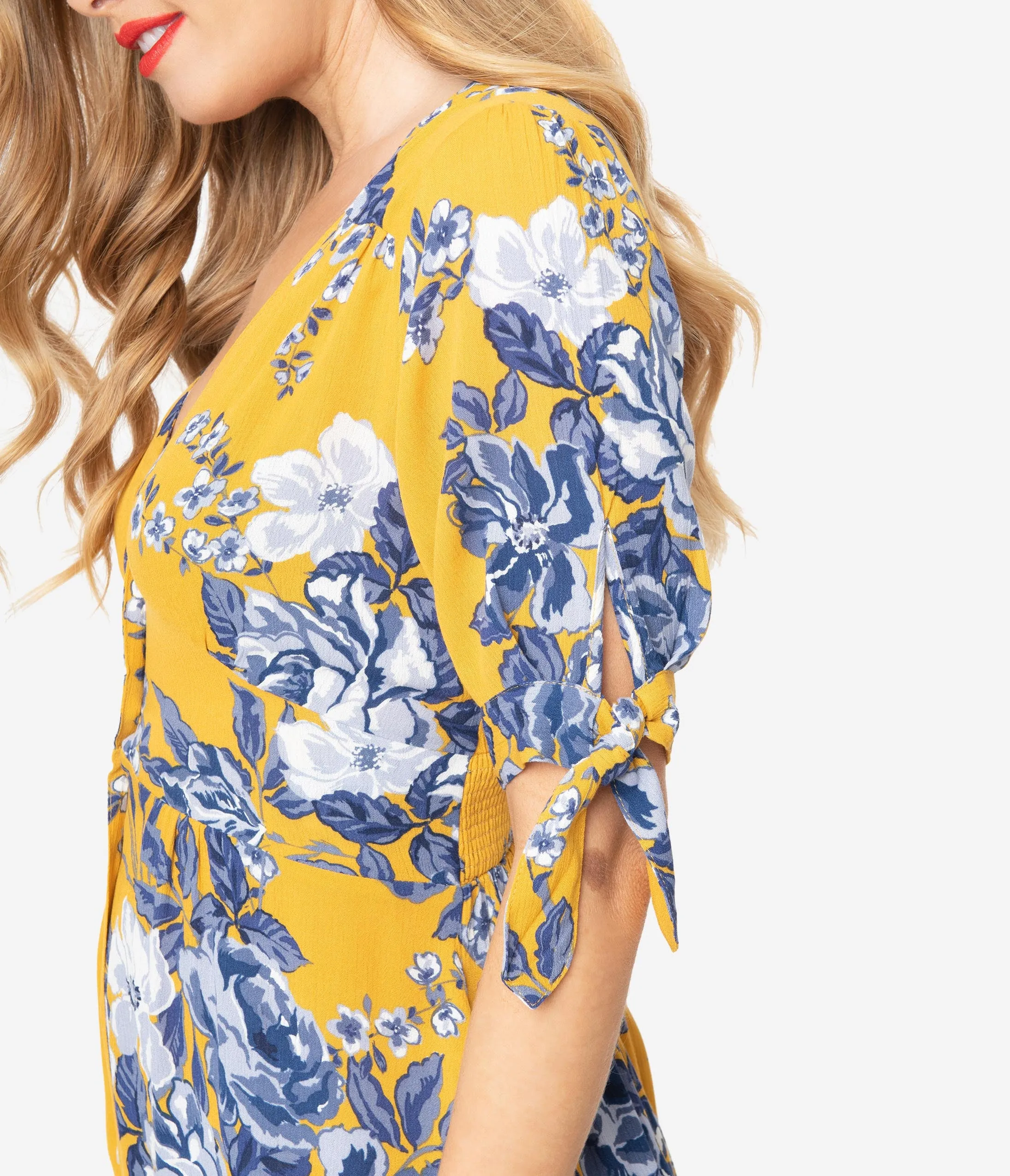 Mustard Yellow & Blue Floral Button Down Midi Dress