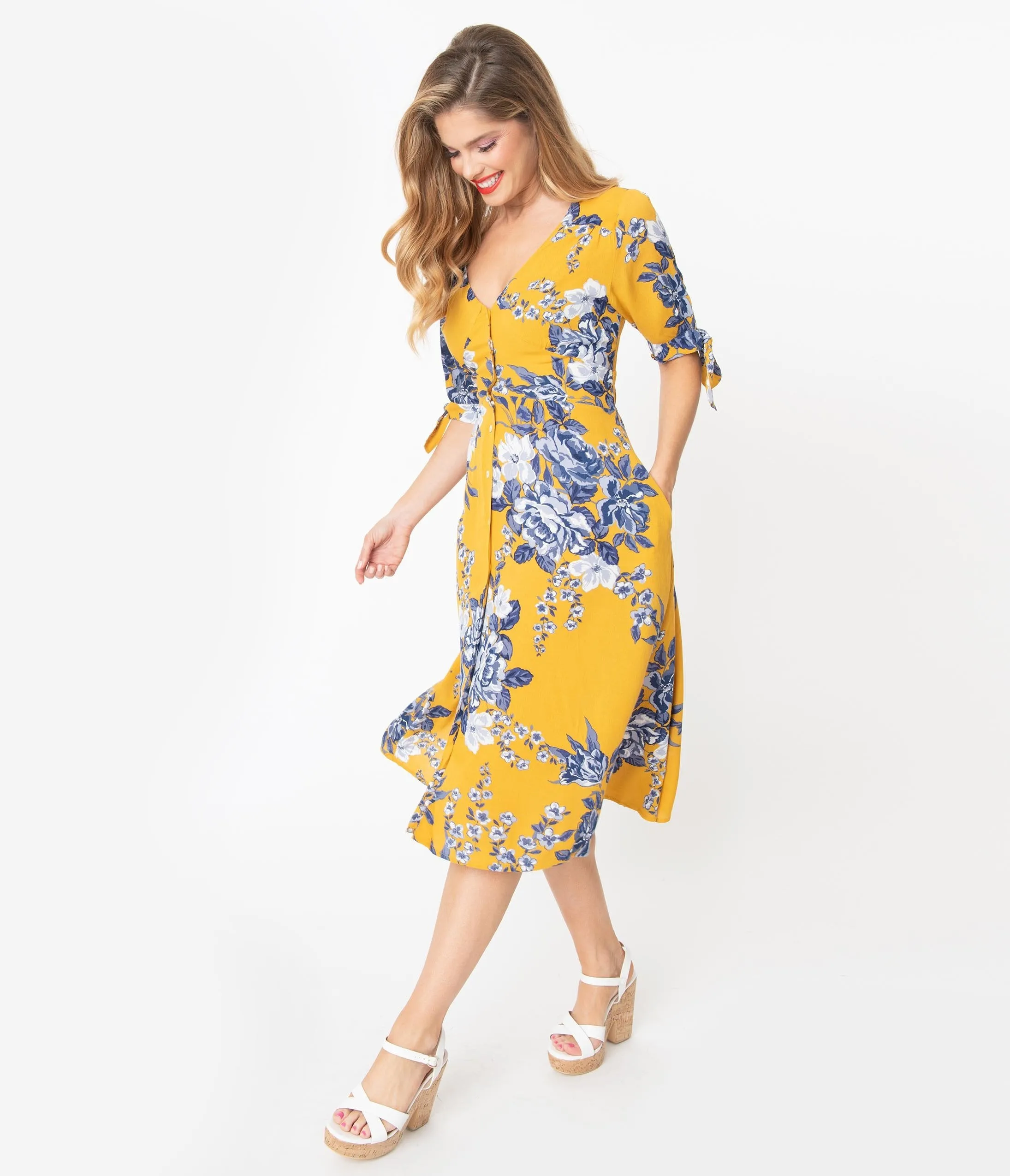 Mustard Yellow & Blue Floral Button Down Midi Dress