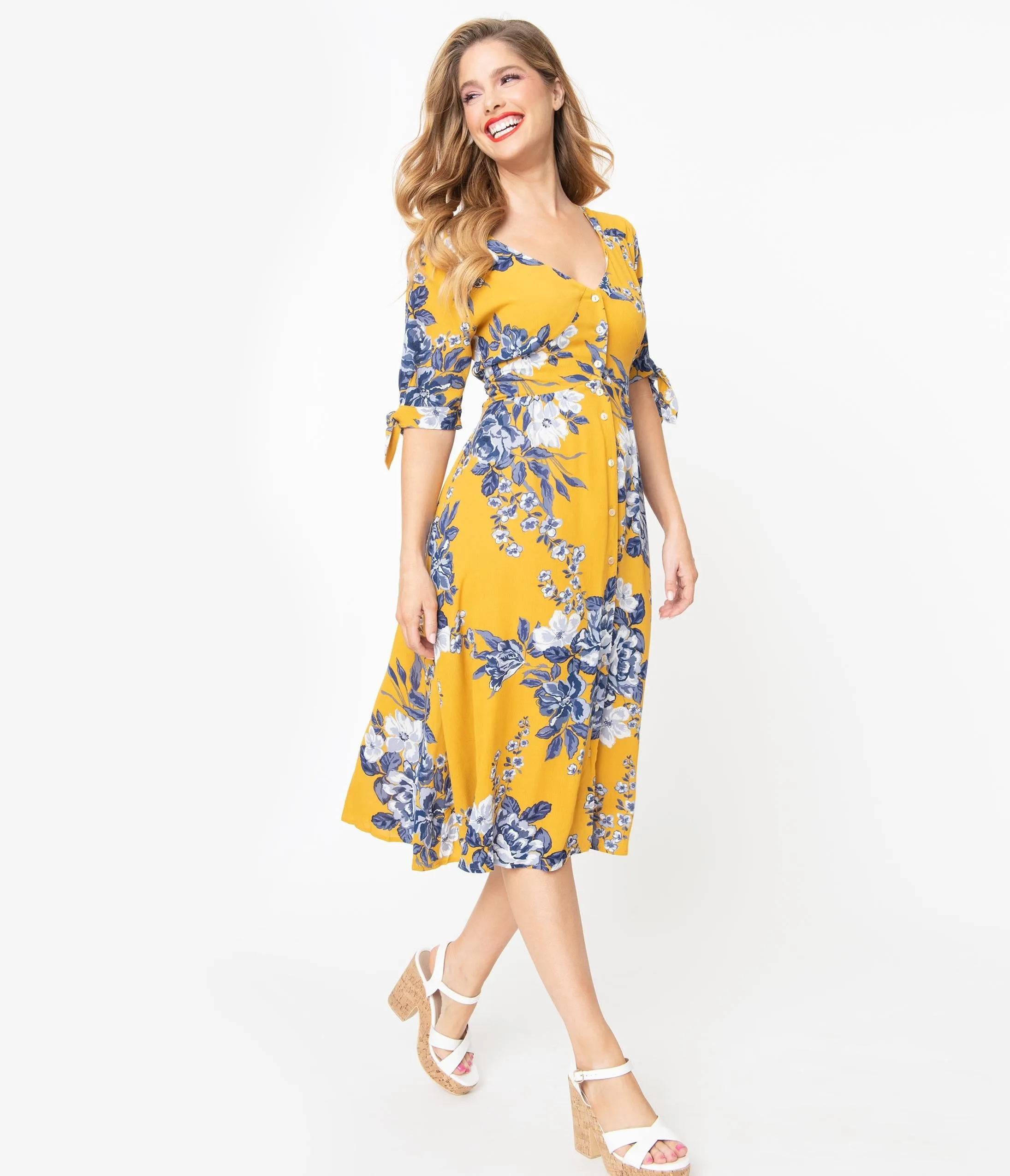 Mustard Yellow & Blue Floral Button Down Midi Dress
