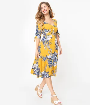 Mustard Yellow & Blue Floral Button Down Midi Dress