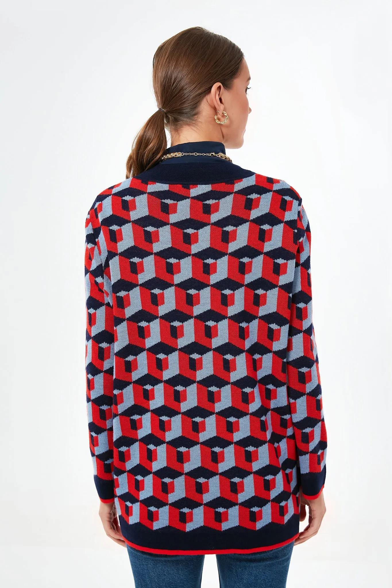 Navy and Red Geometric Lauren Cardigan