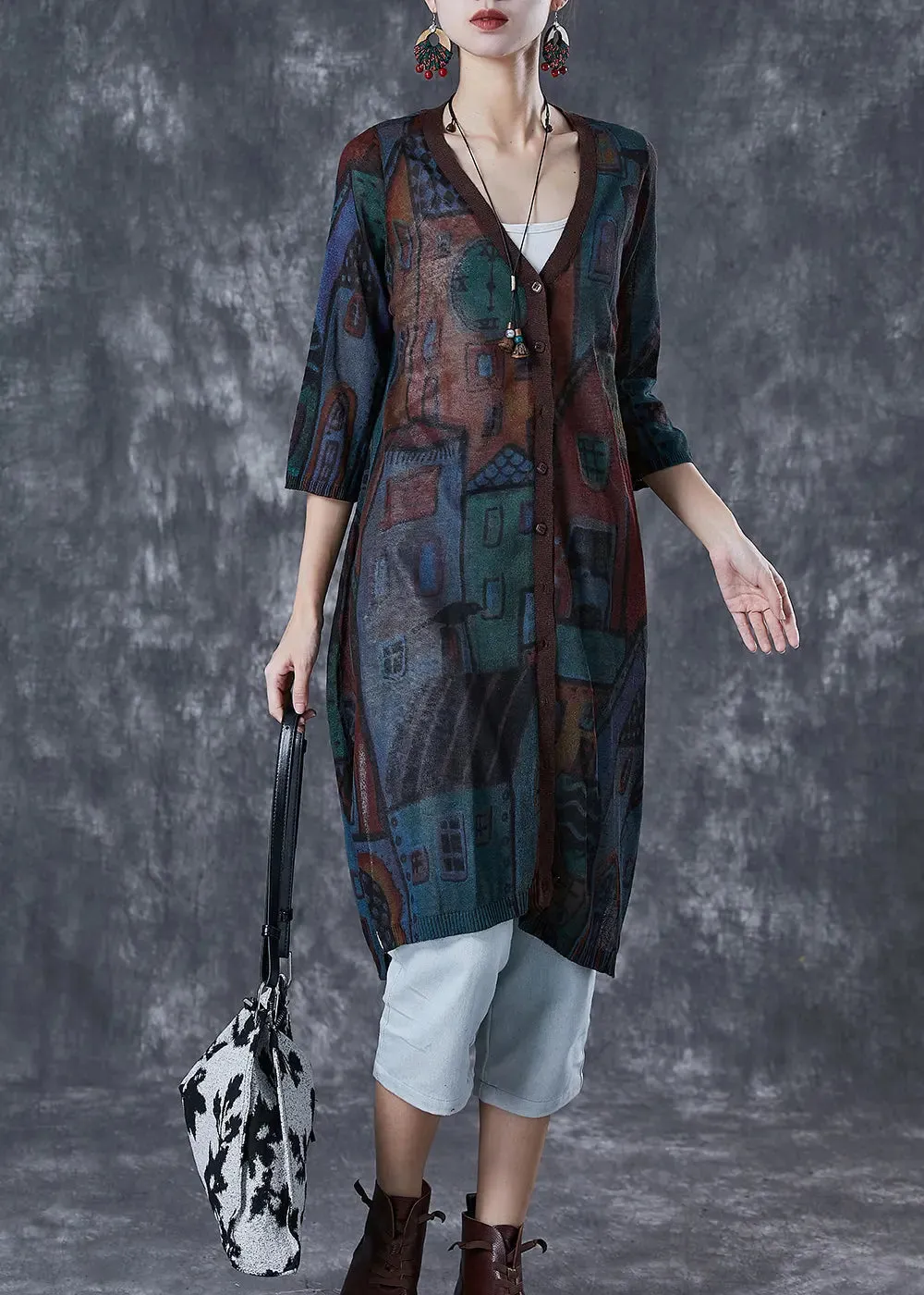 Navy Oversized Print Knit Cardigan