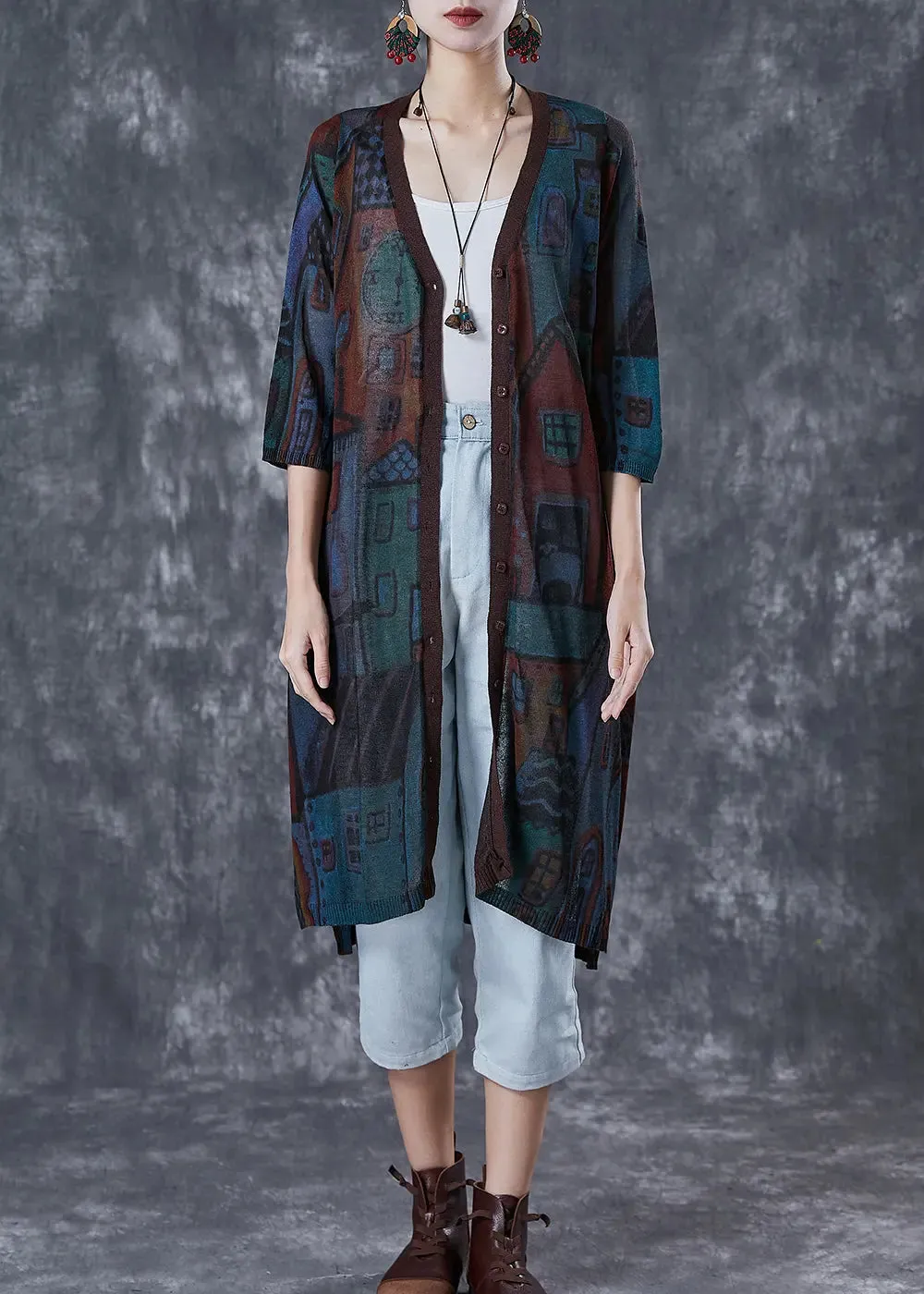 Navy Oversized Print Knit Cardigan