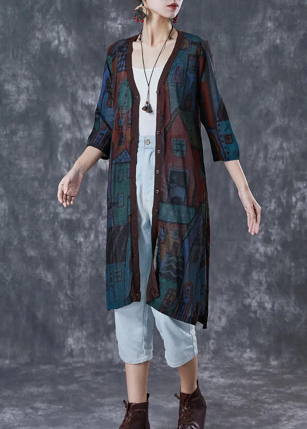 Navy Oversized Print Knit Cardigan