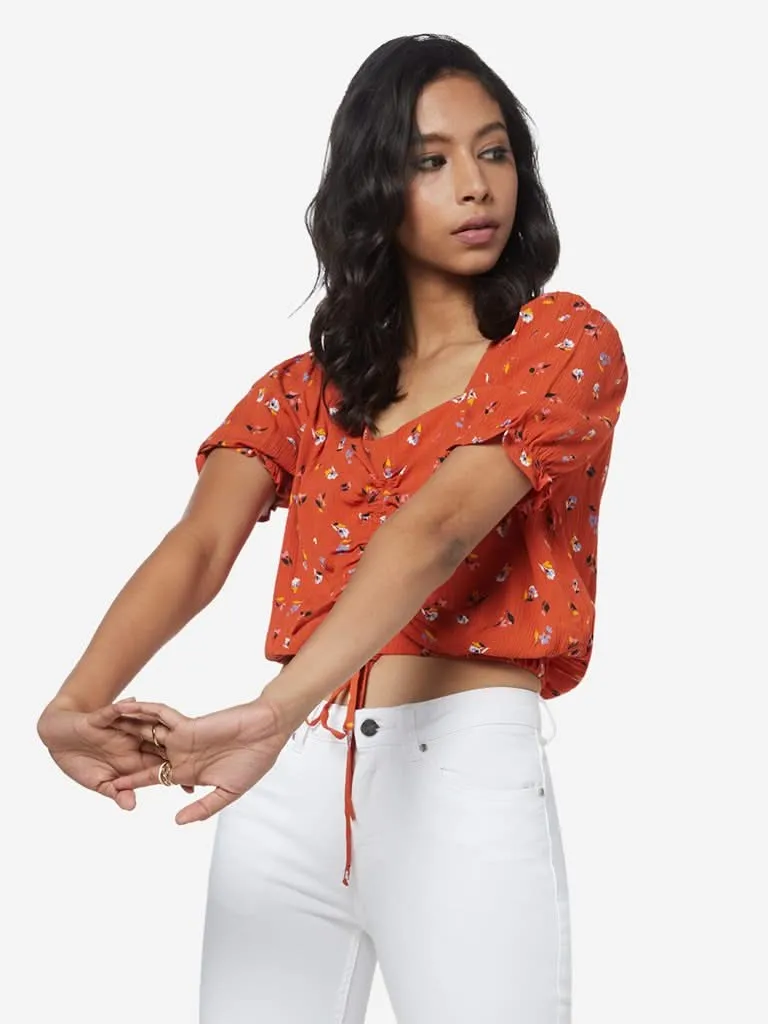 Nuon Orange Floral Pattern Aero Crop-Top