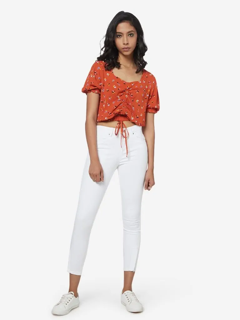 Nuon Orange Floral Pattern Aero Crop-Top