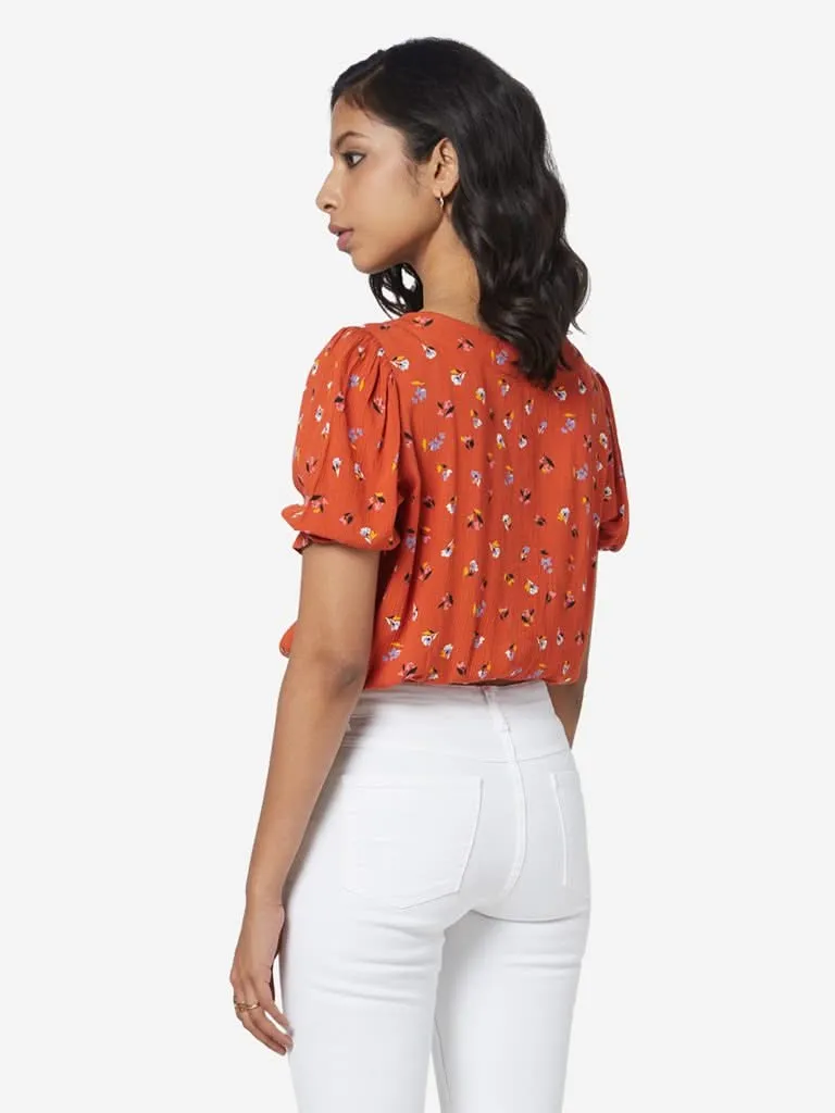 Nuon Orange Floral Pattern Aero Crop-Top