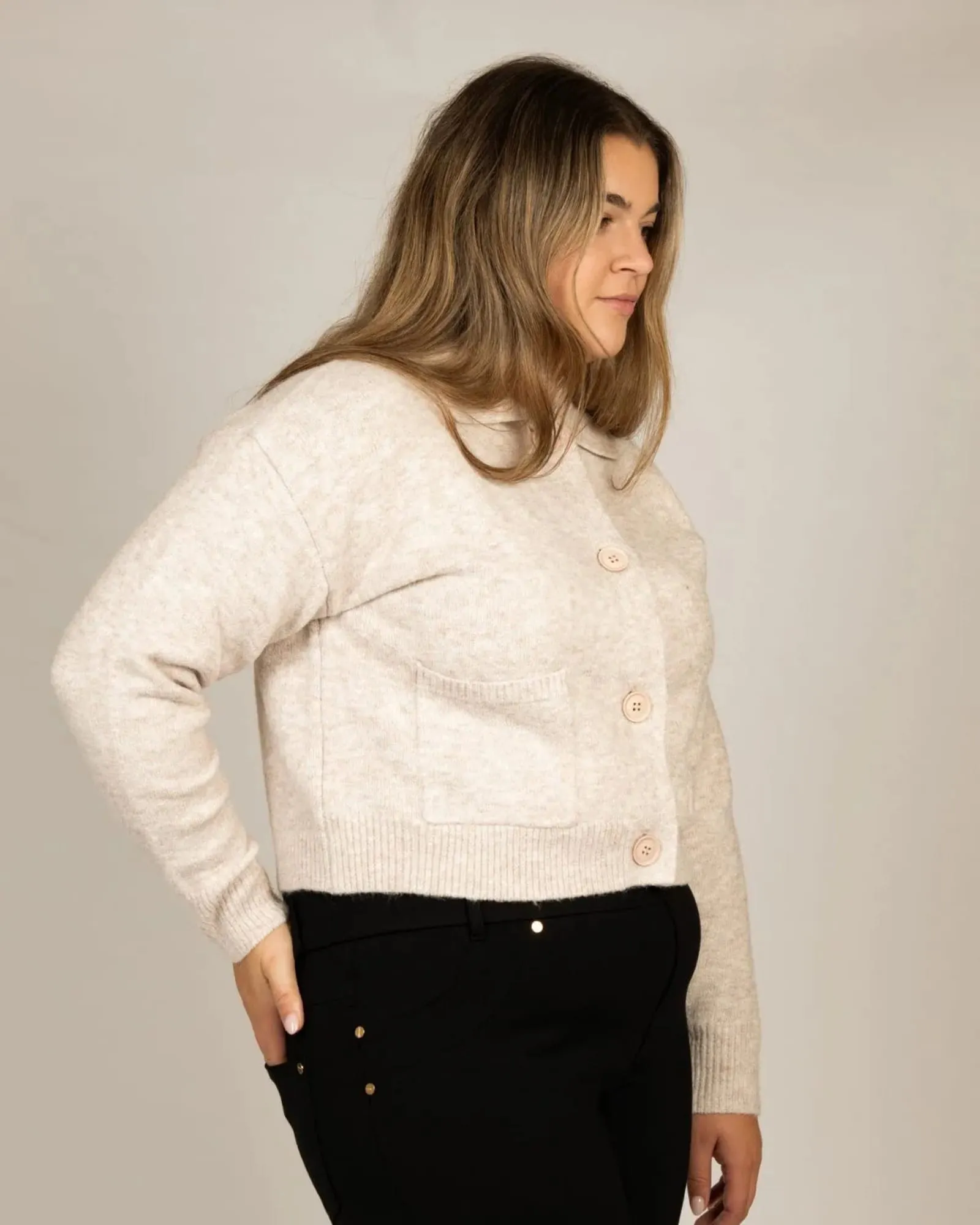 Olivia Cardigan Collar Buttons Pockets | Beige