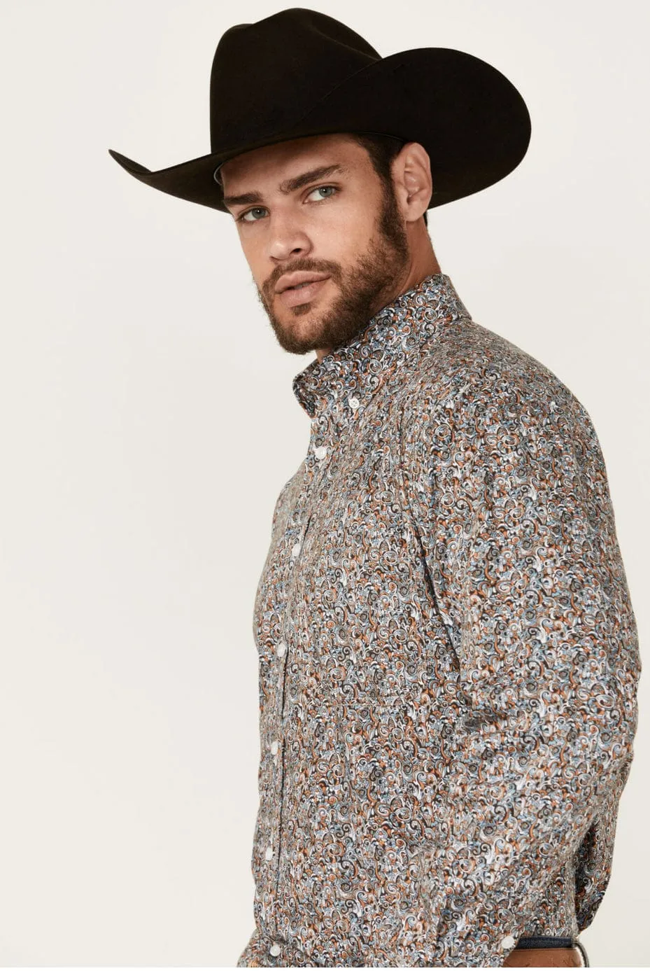Panhandle Men's Paisley Print Long Sleeve Button-Down Stretch Western Shirt