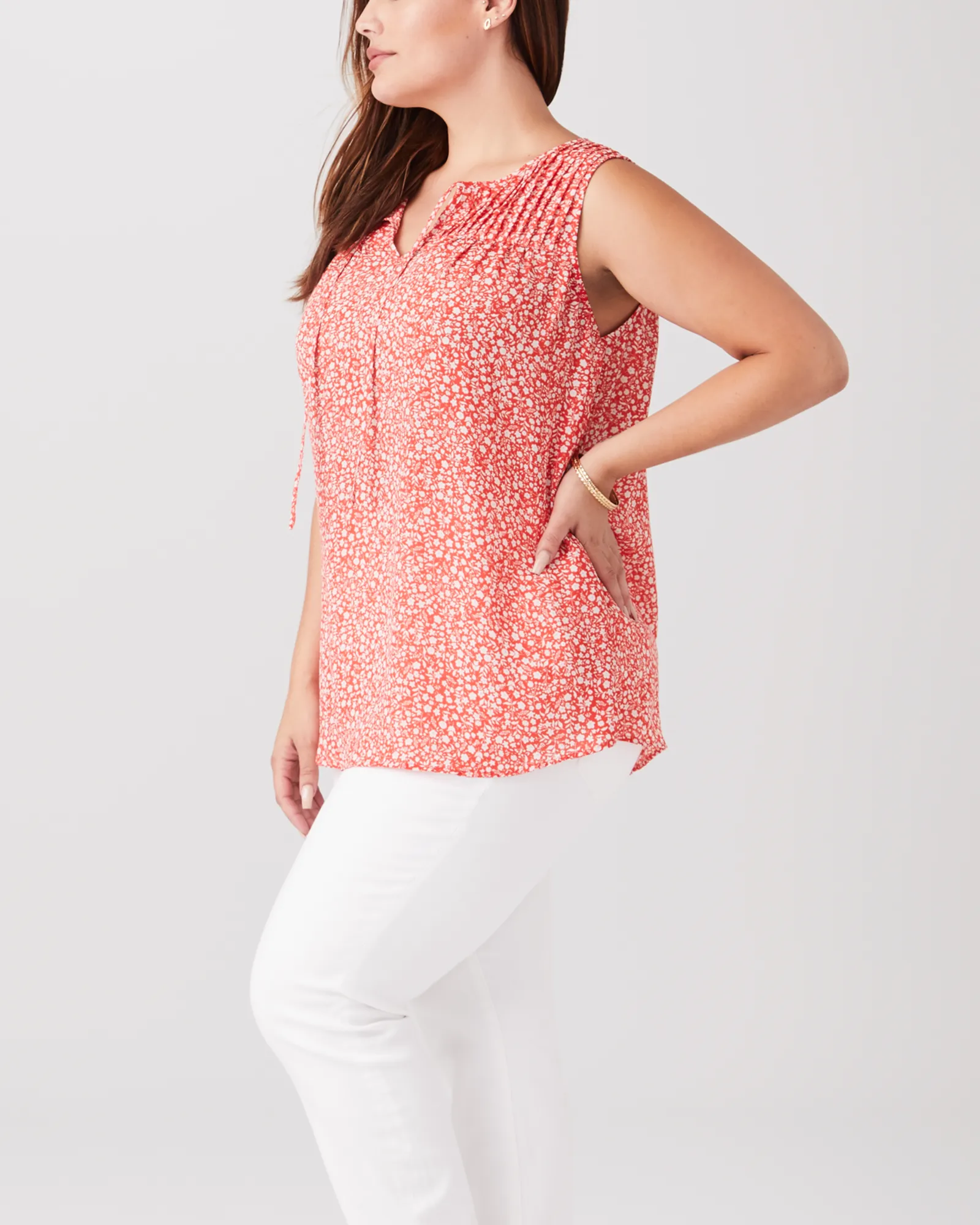 Penny Sleeveless Printed Pintucked Top | Red / White