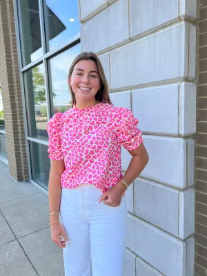 Pink Floral Ruched Slv Top