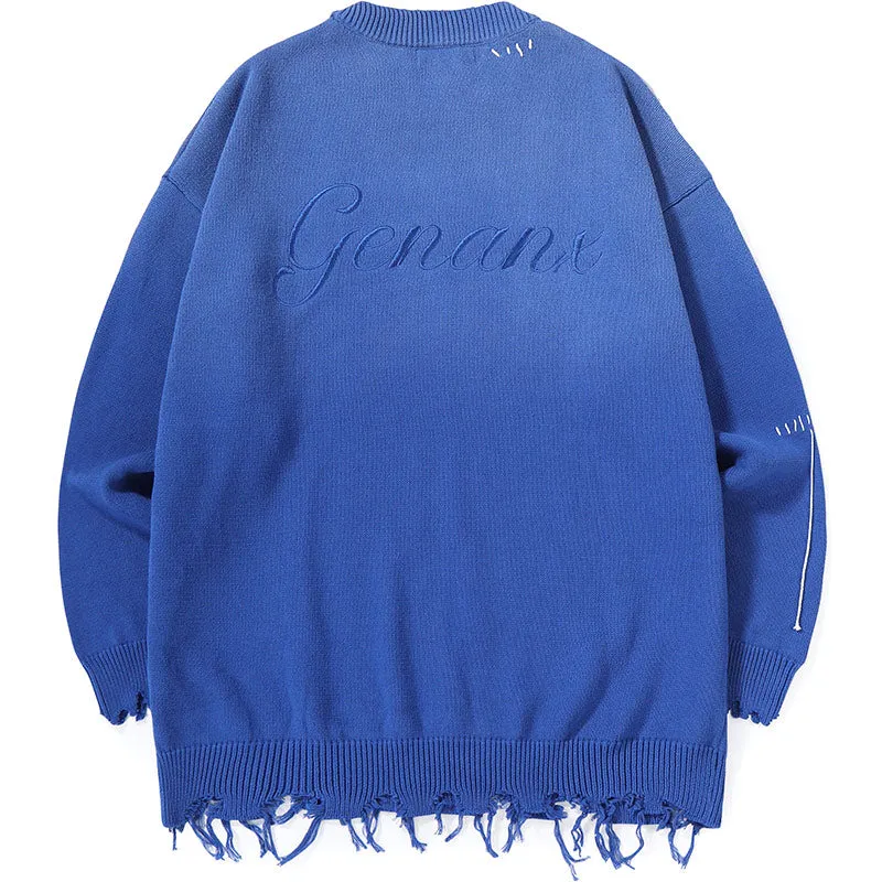 Plain Gradient Letter Print Tassel Sweater