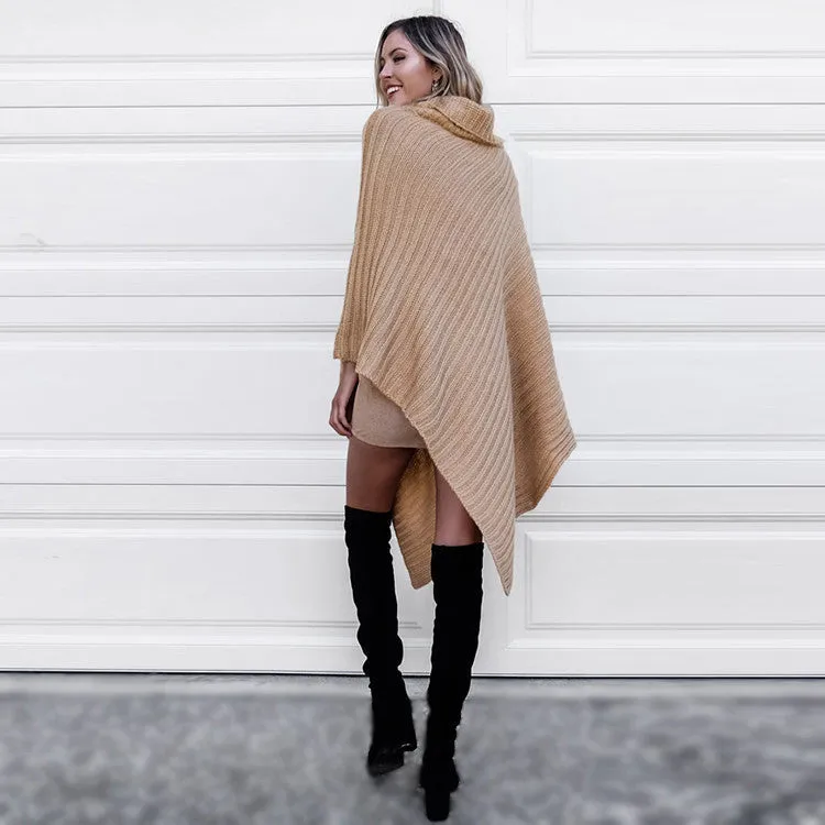 Pure Color Long Sleeves Irregular High Neck Cap Sweater