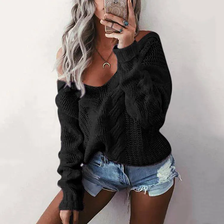 Pure Color Long Sleeves Large V-neck Cabel Sweater