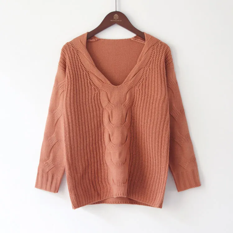 Pure Color Long Sleeves Large V-neck Cabel Sweater