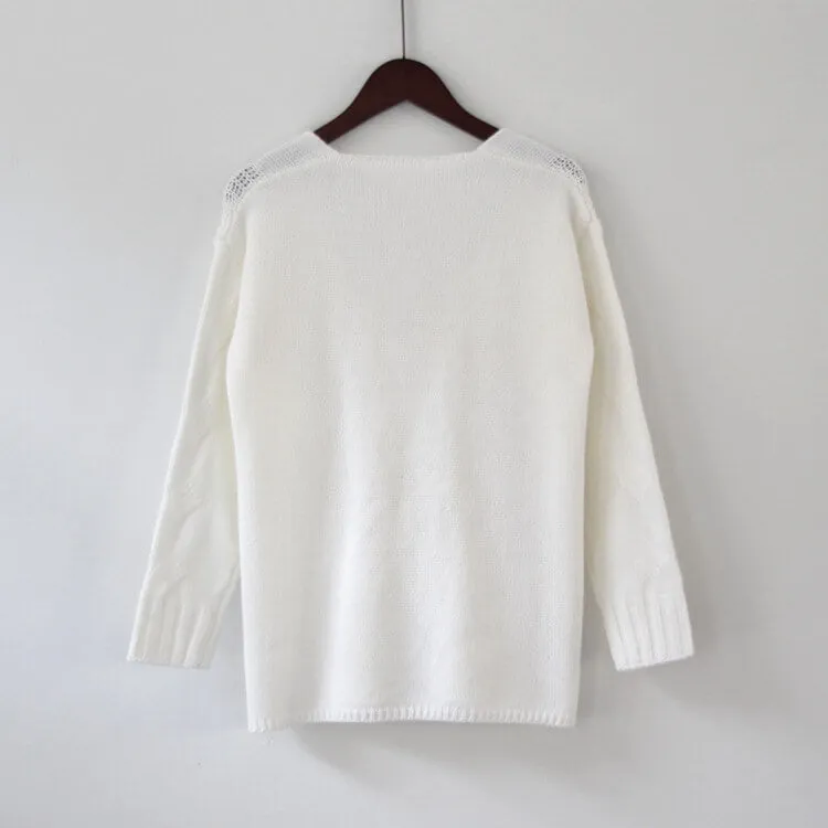 Pure Color Long Sleeves Large V-neck Cabel Sweater