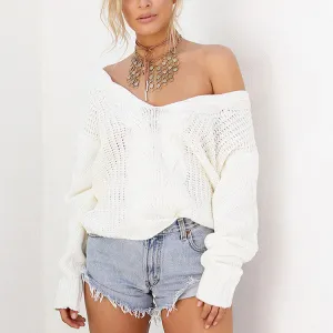Pure Color Long Sleeves Large V-neck Cabel Sweater