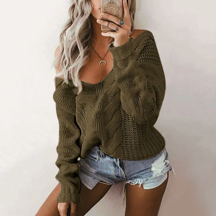 Pure Color Long Sleeves Large V-neck Cabel Sweater