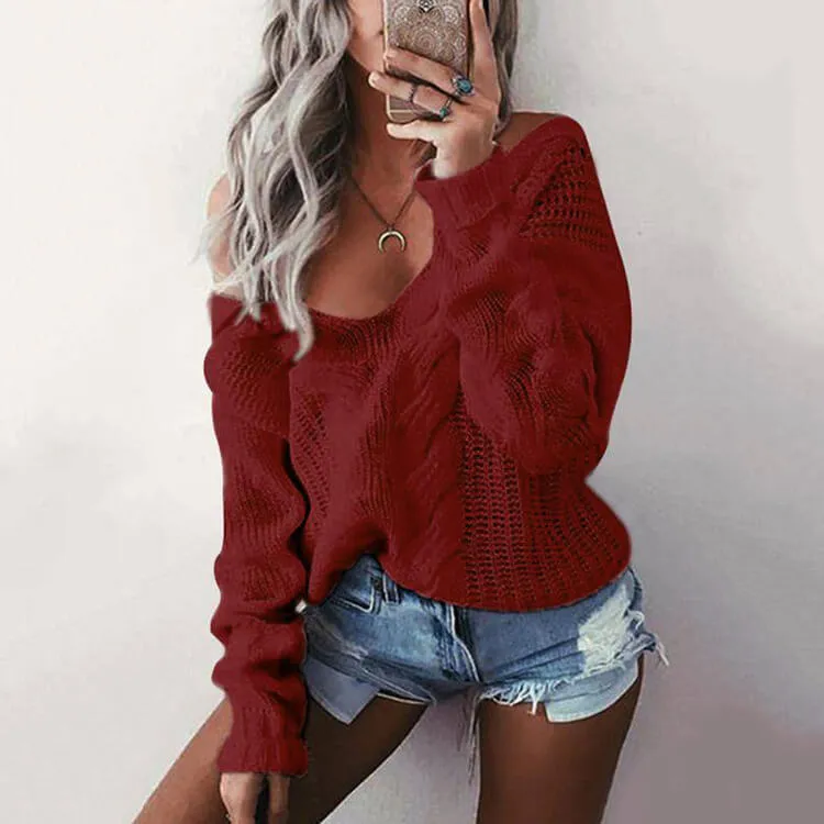 Pure Color Long Sleeves Large V-neck Cabel Sweater