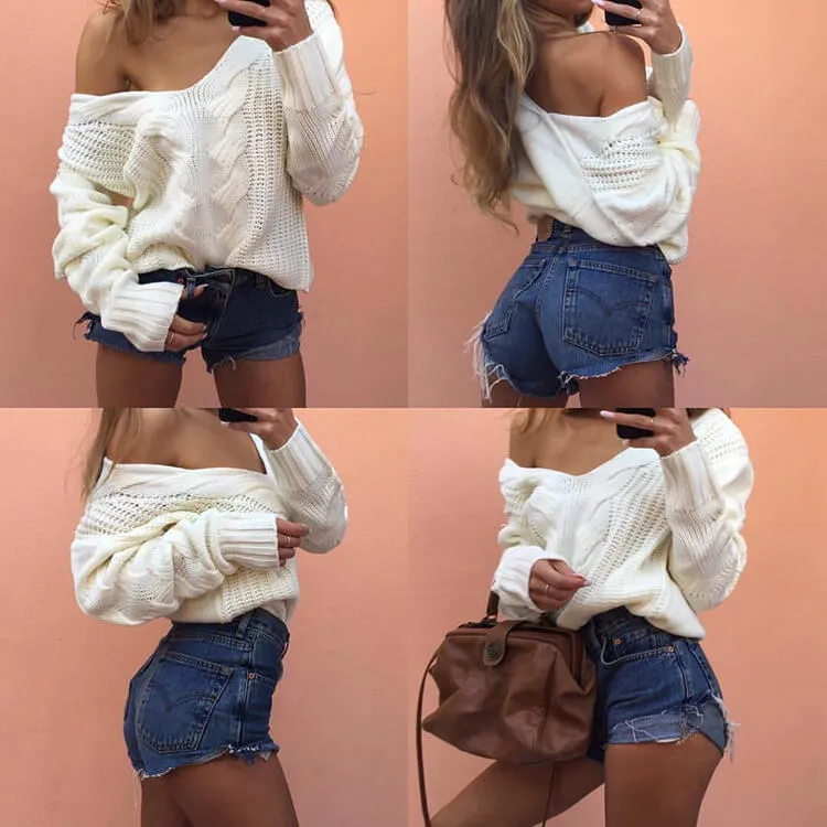 Pure Color Long Sleeves Large V-neck Cabel Sweater