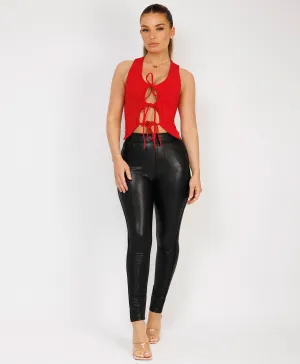 Red Ties Front Sleeveless Vest Top Waistcoat