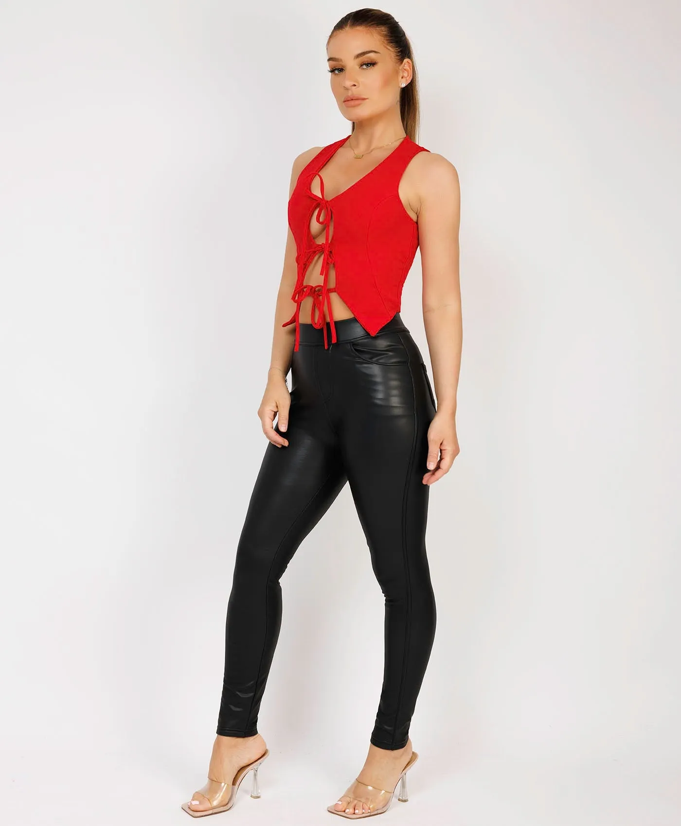 Red Ties Front Sleeveless Vest Top Waistcoat