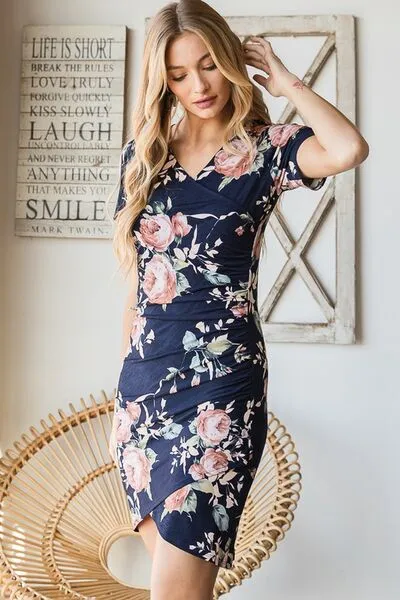 Ruched Floral Mini Dress