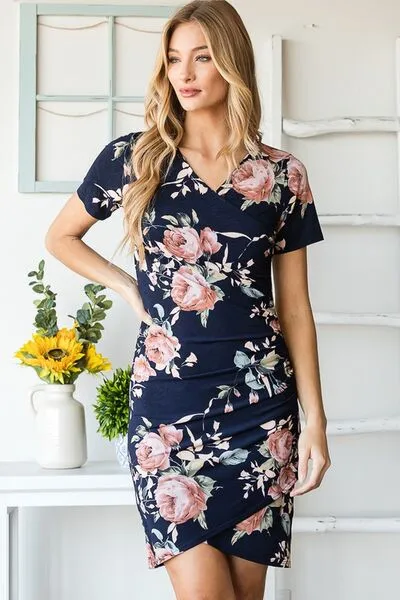 Ruched Floral Mini Dress