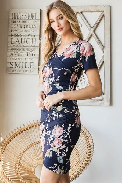 Ruched Floral Mini Dress