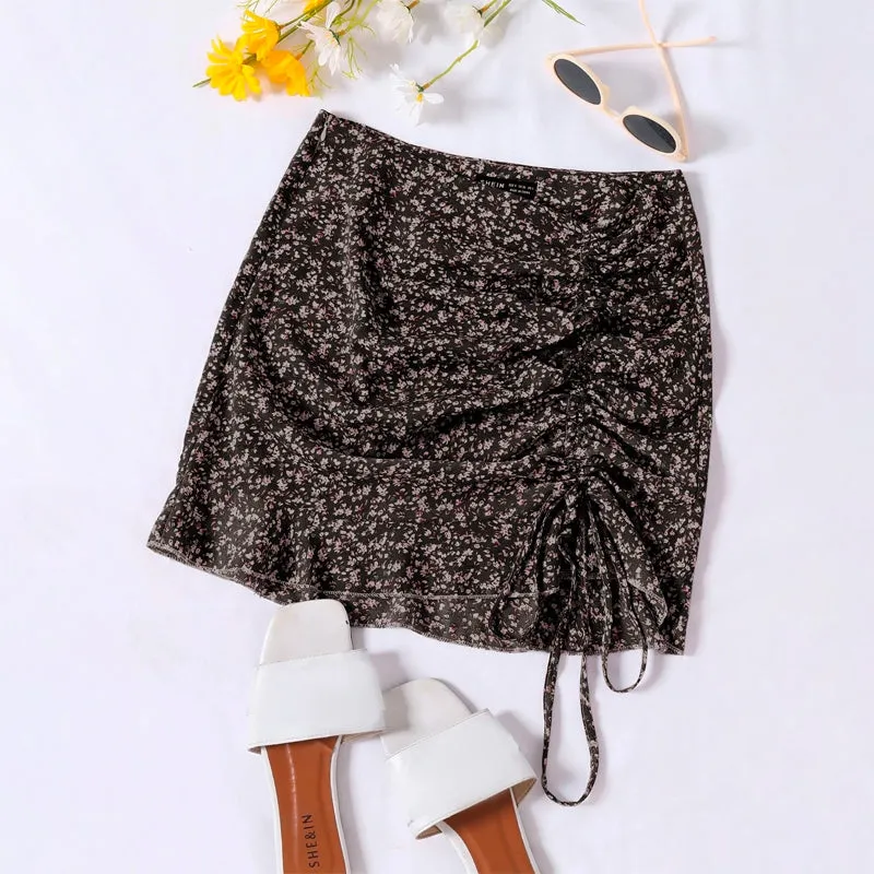Ruched Knot Ruffle Hem Ditsy Floral Skirt
