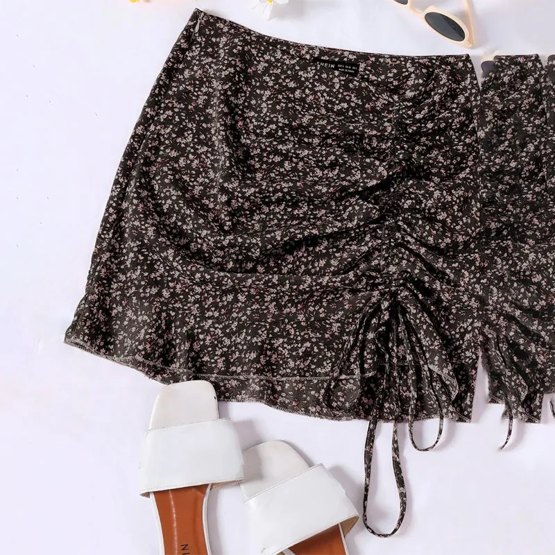 Ruched Knot Ruffle Hem Ditsy Floral Skirt
